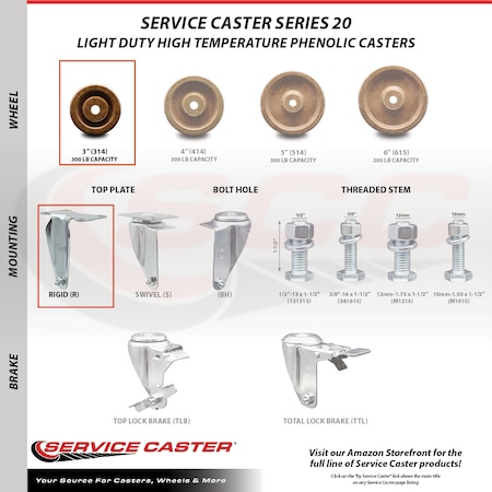 Service Caster 3 Inch High Temp Phenolic Wheel Rigid Top Plate Caster SCC-20R314-PHRHT-TP3